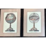 A group of two books plates, depicting a Globe Terrestre and the Sphere De Copernic in a wooden