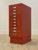 A Vintage red painted ten drawer pressed steel filing cabinet, H71cm, W28cm, D43cm