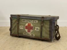 A WWII period 1941 pattern British army regimental medical pannier, leather bound canvas enclosing a