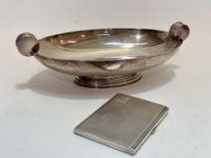 An Art Deco Epns oval dish with circular ring handles to side, (H7.5cm, L26cm), and a Birmingham