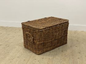A Vintage wicker lidded basked with carry handle to each end H45cm, W78cm, D47cm