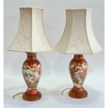 A pair of ceramic baluster shaped imari style table lamps, decorated with chrysanthemums and birds