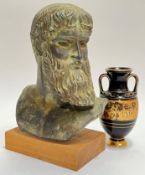 A bronze effect earthenware bust modelled on an ancient Greek original and mounted on wooden base (