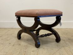 A Regency style mahogany foot stool with upholstered top raised on crossed supports H40cm, W51cm,
