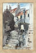 J.K.Maxton (Scottish), Buckhaven Fife fishing cottage and steps, watercolour on paper, signed bottom