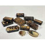 A collection of seven various 19thc tortoise mounted snuff boxes of rectangular form, two faux