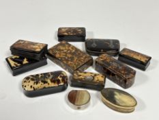 A collection of seven various 19thc tortoise mounted snuff boxes of rectangular form, two faux