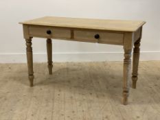 A Victorian pine side table, fitted with two drawers raised on turned supports H75cm< W122cm< D55cm