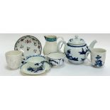 A mixed group of early English porcelain comprising a Liverpool Chaffers teapot (h- 11cm, w-