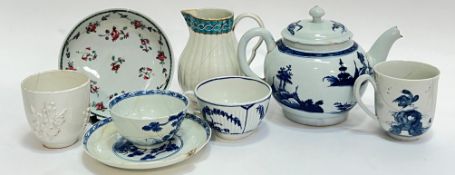 A mixed group of early English porcelain comprising a Liverpool Chaffers teapot (h- 11cm, w-