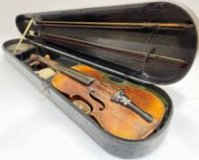 A cased violin of one-piece sycamore back construction, the tailpiece with mother of pearl inlay,