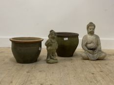 A small glazed terracotta plant pot, (H22cm) together with a composition plant pot (H26cm) a