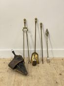 A set of three 19th century cast brass fire side caompanions, comprising a shovel, pair of tongs and