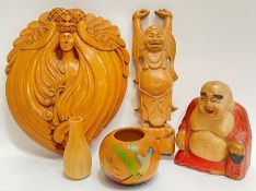 A group of carved wooden objects/treen comprising a painted smiling Buddha figure (h- 16cm), another