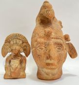 A large pre-Columbian style earthenware sculpture/bust (h- 32cm), together with another pre-