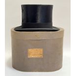 A D. M. Dunlop black top hat and box retailed by Patrick Thompson, Edinburgh (h- 15.5cm)