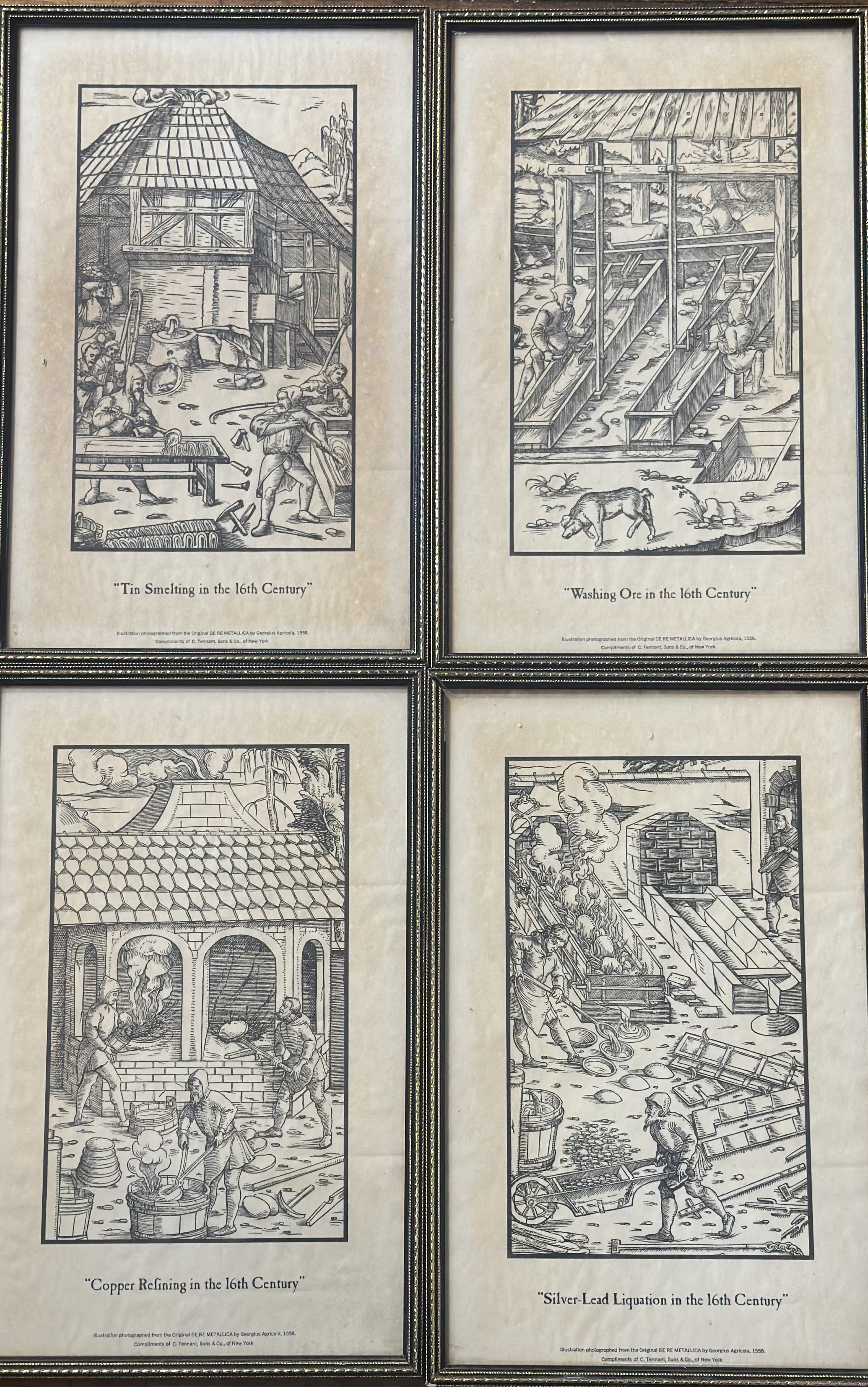 A group of four books plates each depicting various 16thc scenes, Silver-Lead Liquation in the