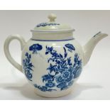 An unmarked Bow/Caughley blue and white porcelain teapot with 'three flowers' decoration and