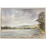 Guy Todd, river scene with man fishing, watercolour on paper, signed bottom right in a gilt glazed