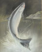 J.McGlone (Scottish), Salmon Hooked, pastel on paper, signed bottom left in a wooden glazed