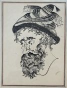 A 20thc school surrealist head of a bearded man, ink and wash in a gilt glazed frame. (signed bottom