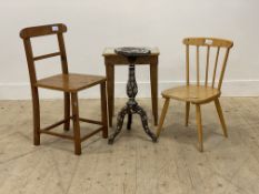 A group lot of furniture to include; a beech childs chair, an oak side chair, a pine side table, and