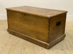 A Victorian pine blanket box, the top inset with tiles decorated in the Arts and Crafts style,
