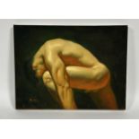 20th Century School, Male Nude Crouching, indistinctly signed, oil on canvas, unframed. 30.5cm by