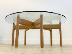 Niels Bach, an unusual Danish turned and joined oak coffee table with circular plate glass top,