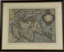 Abraham Ortelius, Scotiae Tabula, a hand-coloured engraved map, c. 1600, French text verso (page