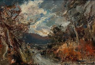 •Hamish Lawrie (Scottish 1919-1987), River Landscape, signed lower right, oil on board, framed. 34cm