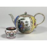 A Meissen porcelain teapot, 19th century, of bullet form, painted with alternating floral and