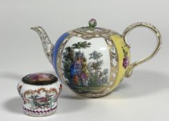 A Meissen porcelain teapot, 19th century, of bullet form, painted with alternating floral and