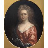 English School, c. 1700, Portrait of a Lady in a Red Dress, half length, oval, oil on canvas, on a