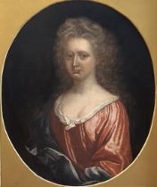 English School, c. 1700, Portrait of a Lady in a Red Dress, half length, oval, oil on canvas, on a