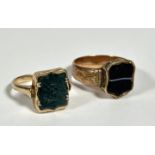 Two late 19th century hardstone-mounted signet rings: the first with a shield-shaped panel of banded