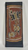 Aboriginal School, a eucalyptus bark painting depicting a boat, crocodiles and turtle, probably c.