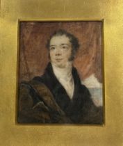 Continental School, c. 1820, Portrait Miniature of a Gentleman, half length, seated before a red