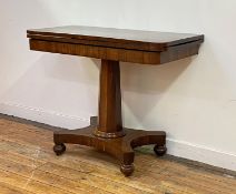 A William IV rosewood card table, the revolving top opening to reveal a baize lined playing surface,