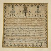 A George III needlework sampler, by Mary Cocksey, dated 1807, worked in polychrome threads to the