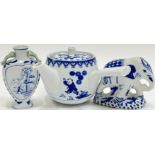 A group of Easern blue and white porcelain/ceramics comprising a miniature twin-handled vase wit