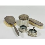 A Birmingham silver two piece part dressing table brush set with engine turned decoration, a pair of