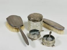 A Birmingham silver two piece part dressing table brush set with engine turned decoration, a pair of