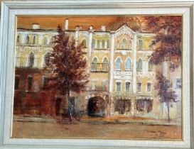 Theresa Flynn, Houses in Kiev, Russia, oil on board, in a wooden frame. (artist label verso,