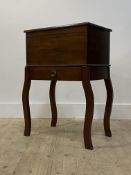 A 1930's mahogany work table, the hinged top above a drawer, raised on cabriole supports H75cm,