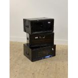 A set of three 19th century black japenned tin trunks, each with divisions to interior H27cm, W60cm,