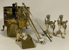 A collection of late 19th / early 20th century brass fire side accessories, to include a cylindrical