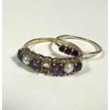 A 9ct gold dress ring set four Amethyst and two cultured pearls, one pearl missing, P, and a 9ct