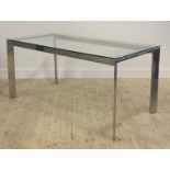 A contemporary chrome dining table, with glass top on box section supports H75cm, W160cm, D80cm