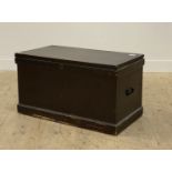 A 19th century stained pine blanket box, the hinged lid (locked no key) above carry handle to each